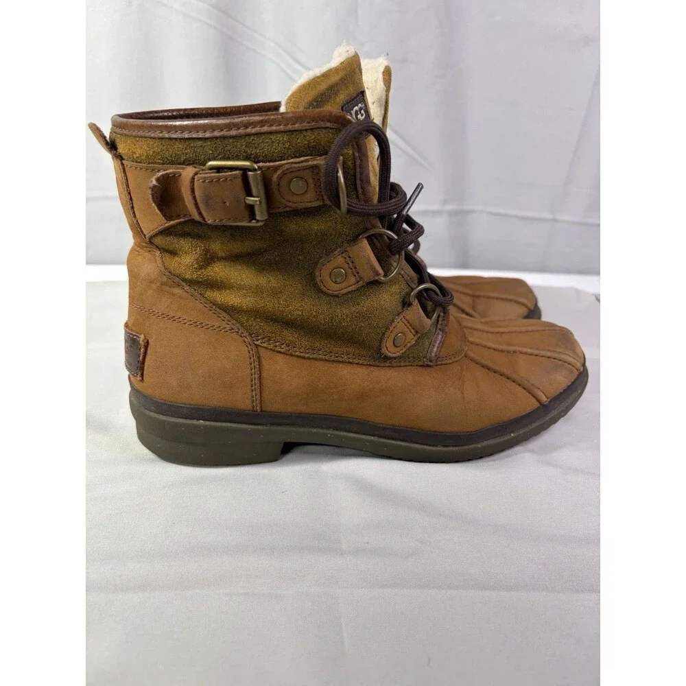 UGG Women’s Waterproof Shearling Lined Leather Suede Ankle Boots Brown Olive 8
